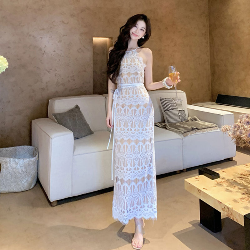 レース ホルターネック マキシワンピース 夏 リゾート 体型カバー 着痩せ 大人可愛い セクシー