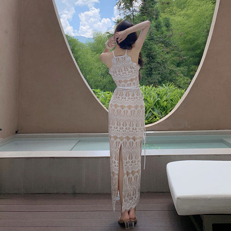レース ホルターネック マキシワンピース 夏 リゾート 体型カバー 着痩せ 大人可愛い セクシー