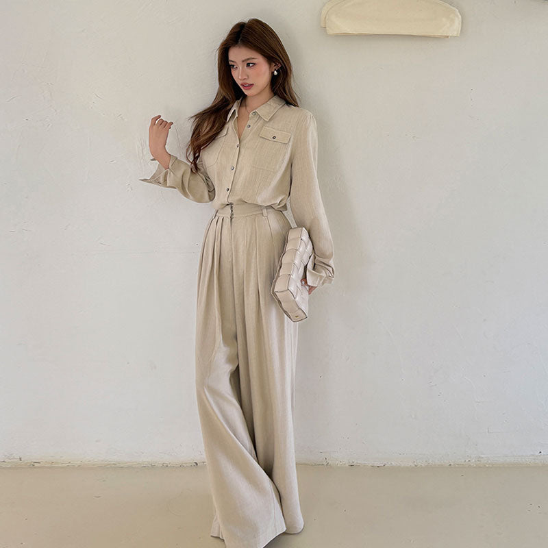 リネン風長袖シャツ+ワイドレッグパンツ セットアップ 通勤きれいめ大人コーデ