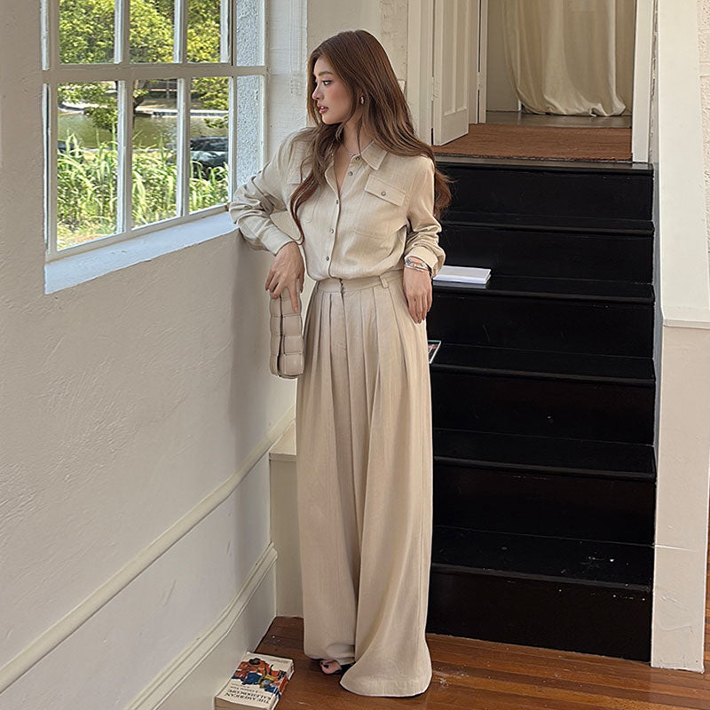 リネン風長袖シャツ+ワイドレッグパンツ セットアップ 通勤きれいめ大人コーデ