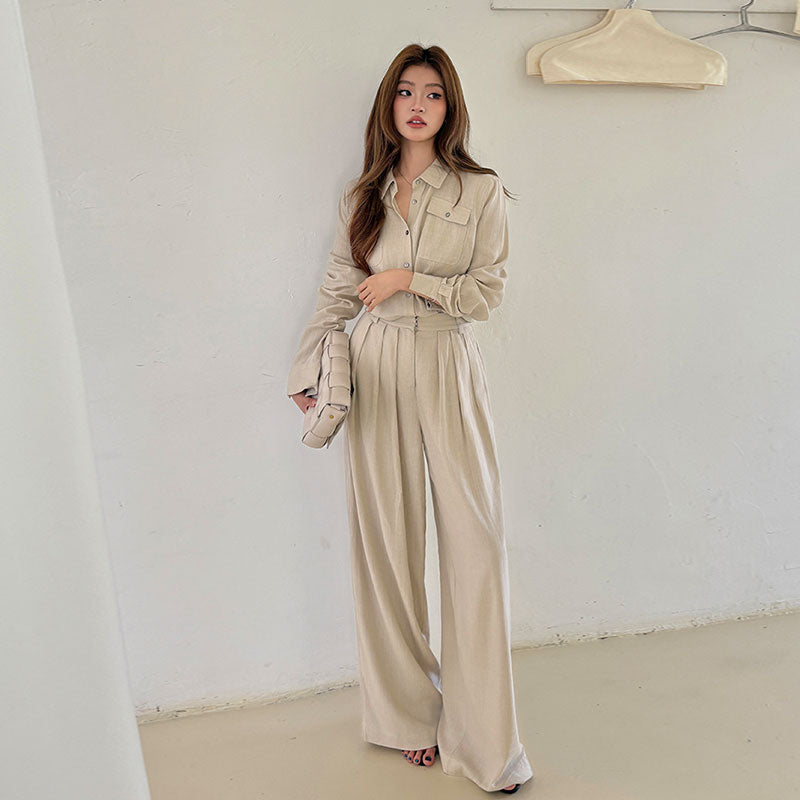 リネン風長袖シャツ+ワイドレッグパンツ セットアップ 通勤きれいめ大人コーデ