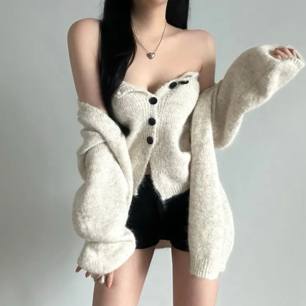ニット 2 点セット ボタン付きニットビスチェ＋ゆったりカーディガン 韓国風 大人可愛い 春秋トップスセット 柔らか