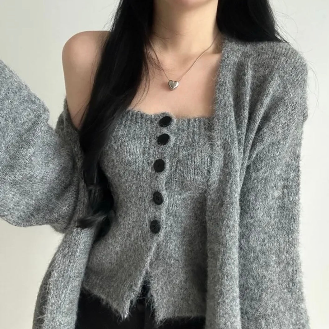 ニット 2 点セット ボタン付きニットビスチェ＋ゆったりカーディガン 韓国風 大人可愛い 春秋トップスセット 柔らか