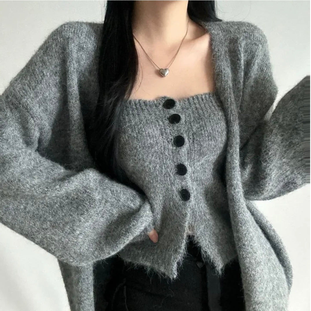 ニット 2 点セット ボタン付きニットビスチェ＋ゆったりカーディガン 韓国風 大人可愛い 春秋トップスセット 柔らか