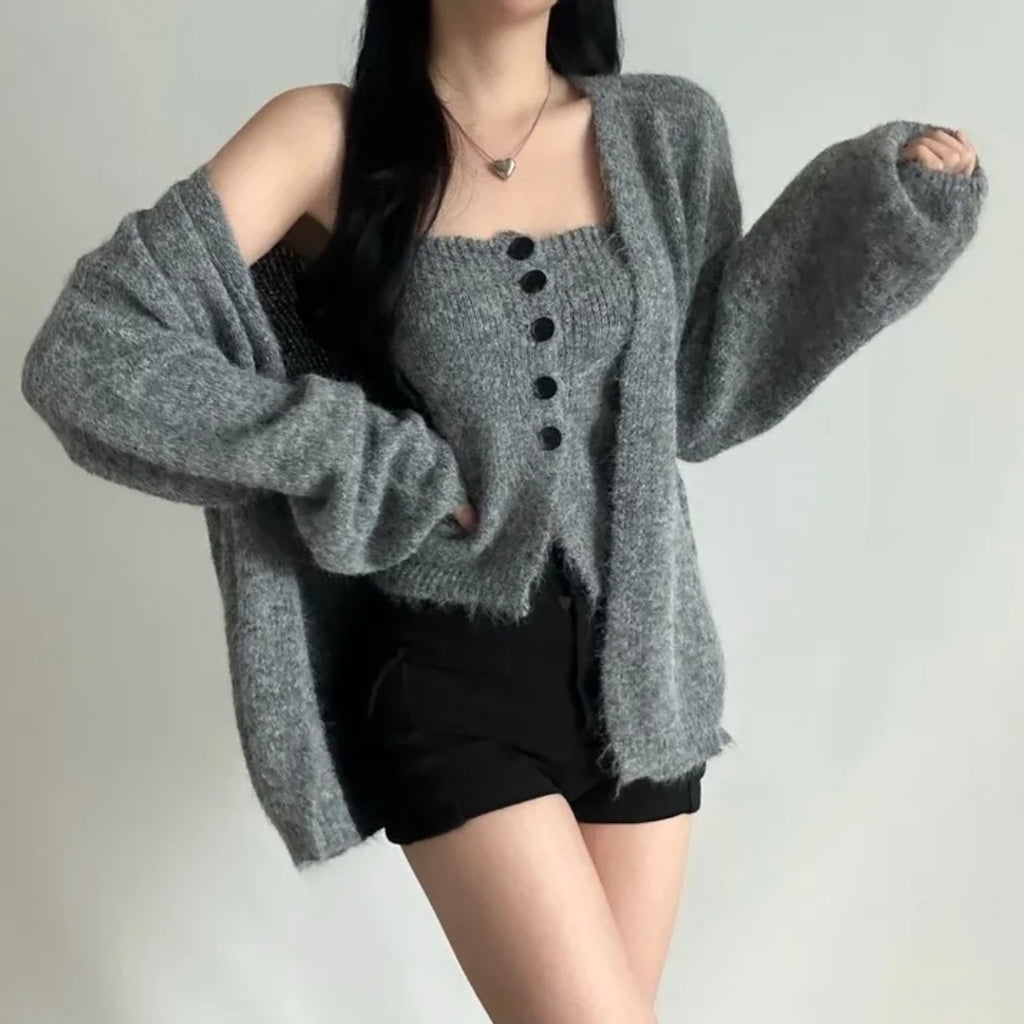 ニット 2 点セット ボタン付きニットビスチェ＋ゆったりカーディガン 韓国風 大人可愛い 春秋トップスセット 柔らか
