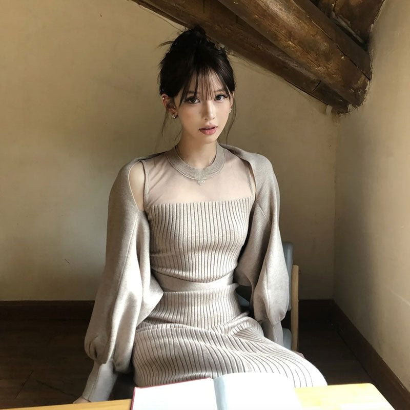 ニットセットアップ2WAY 着こなし シースルー切り替えハイネックマーメイドニットワンピース+パフスリーブトップス着痩せ 大人フェミニン デート 結婚式 二次会