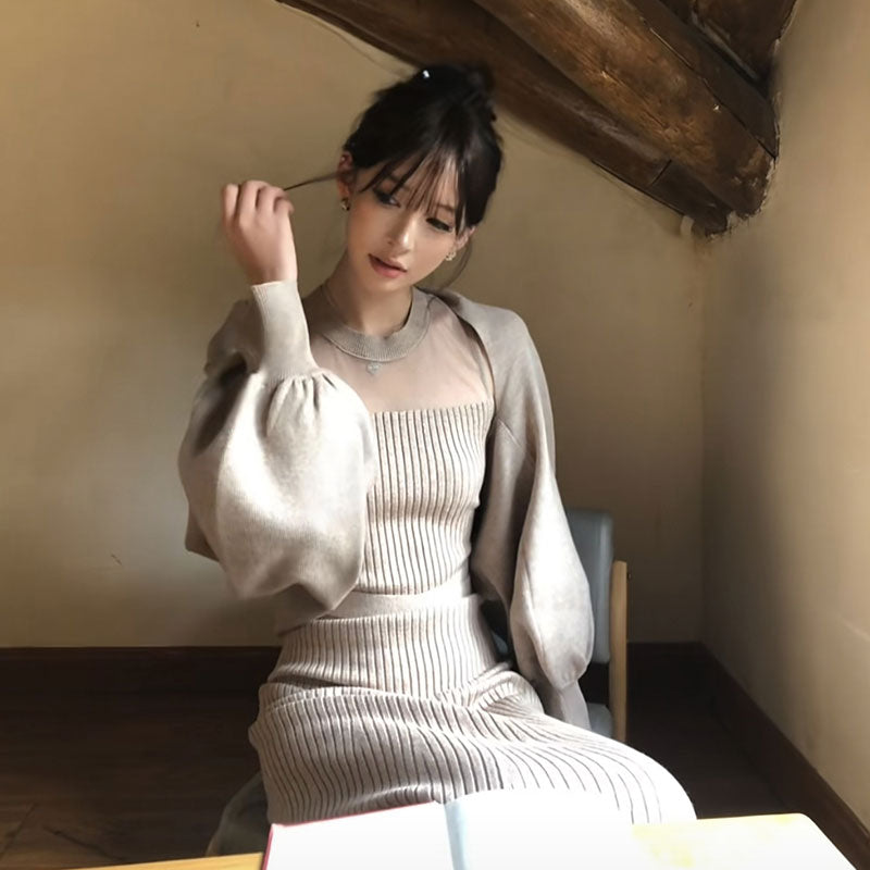 ニットセットアップ2WAY 着こなし シースルー切り替えハイネックマーメイドニットワンピース+パフスリーブトップス着痩せ 大人フェミニン デート 結婚式 二次会