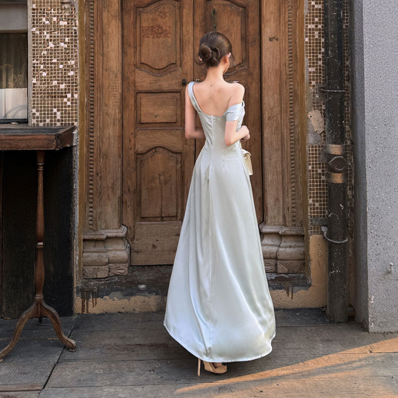 水色サテン パールビジュービスチェ 肩紐マキシワンピース パーティードレス 結婚式お呼ばれ ディナードレスデートワンピース