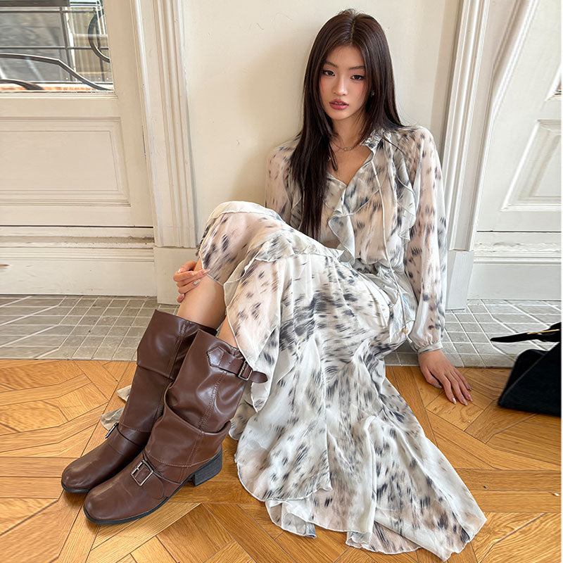 【セットアップ】水染み柄シアーフリルシャツ+ロングスカート（ベルト付き）柔らか大人女子お出かけリゾートコーデ