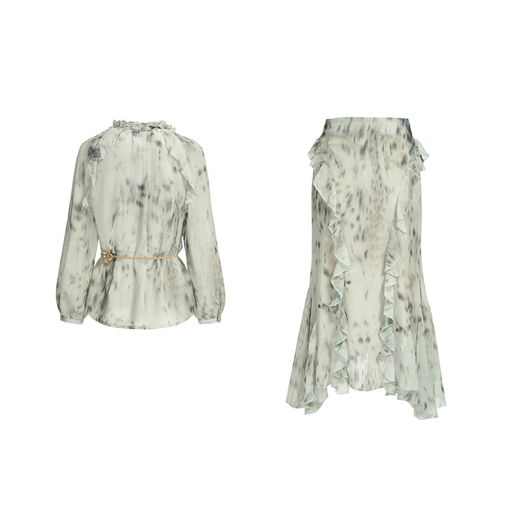 【セットアップ】水染み柄シアーフリルシャツ+ロングスカート（ベルト付き）柔らか大人女子お出かけリゾートコーデ