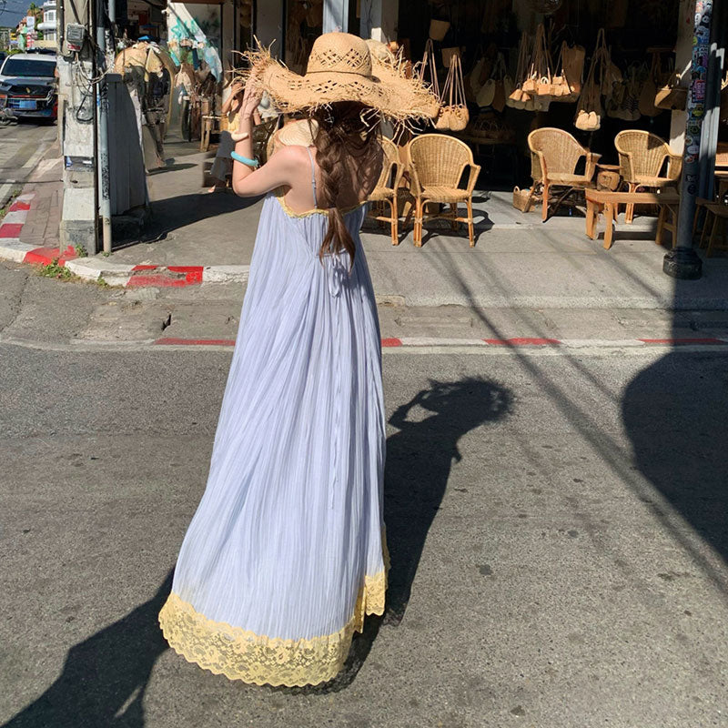 レース襟裾付き プリーツスパゲッティストラップワンピース リゾートビーチワンピ バケーションマキシドレス デート旅行ワンピース