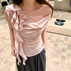 オフショルダー ブラウス 花飾り デザイン シェイプトップス