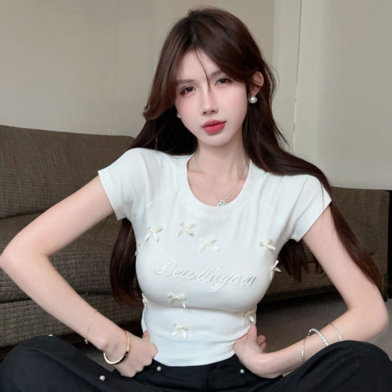 半袖Tシャツ リボン装飾 刺繍ロゴ タイトシルエット 着痩せ 韓国コーデ 大人ガーリー トップス