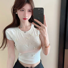 画像をギャラリービューアに読み込む, 半袖Tシャツ リボン装飾 刺繍ロゴ タイトシルエット 着痩せ 韓国コーデ 大人ガーリー トップス
