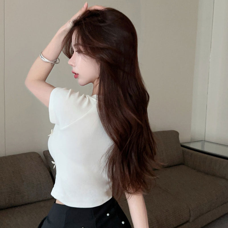 半袖Tシャツ リボン装飾 刺繍ロゴ タイトシルエット 着痩せ 韓国コーデ 大人ガーリー トップス