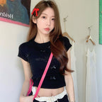 半袖Tシャツ リボン装飾 刺繍ロゴ タイトシルエット 着痩せ 韓国コーデ 大人ガーリー トップス