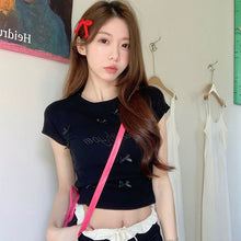画像をギャラリービューアに読み込む, 半袖Tシャツ リボン装飾 刺繍ロゴ タイトシルエット 着痩せ 韓国コーデ 大人ガーリー トップス
