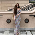 花柄 キャミソールワンピース ロング丈デートワンピースフリル オフショルダー シフォン韓国風 リゾート きれいめ