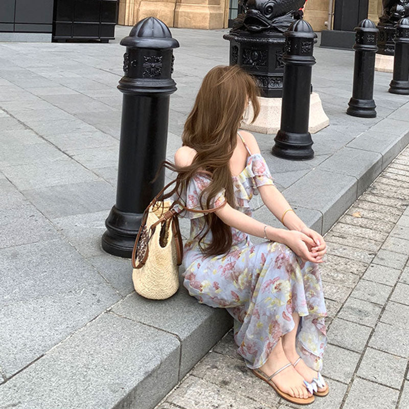 花柄 キャミソールワンピース ロング丈デートワンピースフリル オフショルダー シフォン韓国風 リゾート きれいめ