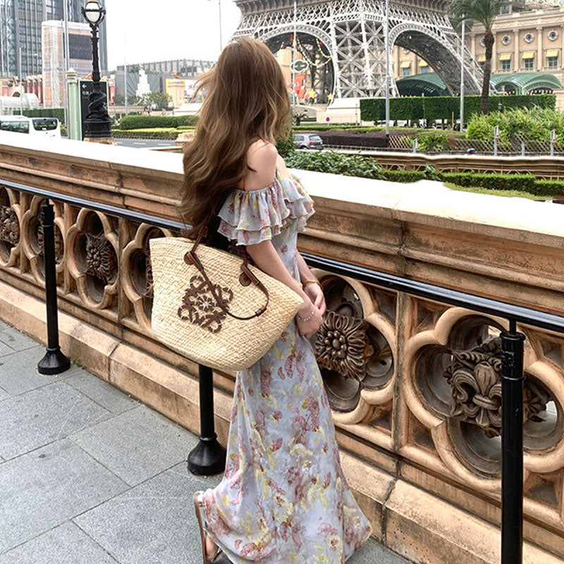花柄 キャミソールワンピース ロング丈デートワンピースフリル オフショルダー シフォン韓国風 リゾート きれいめ