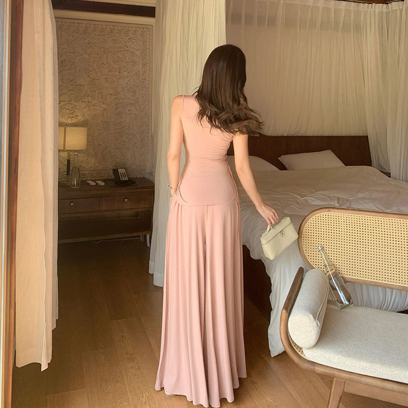 V ネックノースリーブ × ワイドパンツ セットアップ ウエストリボン