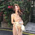 ベージュノースリーブベスト × ワイドパンツ セットアップ レーススカーフ付き 大人可愛い 韓国風 上品コーデ