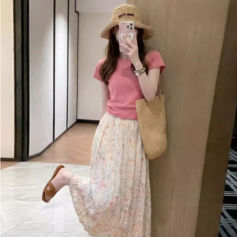 ピンク T シャツ 花柄ロングスカート セットアップ 夏 体型カバー 韓国風 大人可愛い ワンマイルコーデ