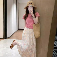 画像をギャラリービューアに読み込む, ピンク T シャツ 花柄ロングスカート セットアップ 夏 体型カバー 韓国風 大人可愛い ワンマイルコーデ
