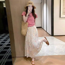 画像をギャラリービューアに読み込む, ピンク T シャツ 花柄ロングスカート セットアップ 夏 体型カバー 韓国風 大人可愛い ワンマイルコーデ
