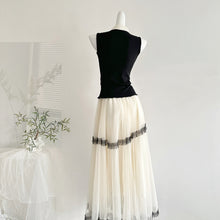 画像をギャラリービューアに読み込む, レースリボン付ノースリーブトップス＆黒パイピングシフォンスカートセットアップ大人エレガント

