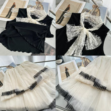 画像をギャラリービューアに読み込む, レースリボン付ノースリーブトップス＆黒パイピングシフォンスカートセットアップ大人エレガント

