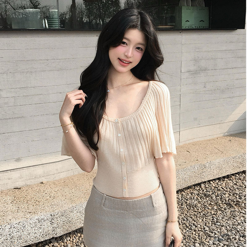 U ネック リブニット フレア裾 レディース 薄手 フィット ウエスト絞り 上品 オフィスコーデ 大人女子 トップス