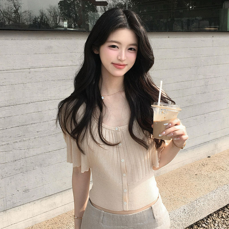 U ネック リブニット フレア裾 レディース 薄手 フィット ウエスト絞り 上品 オフィスコーデ 大人女子 トップス