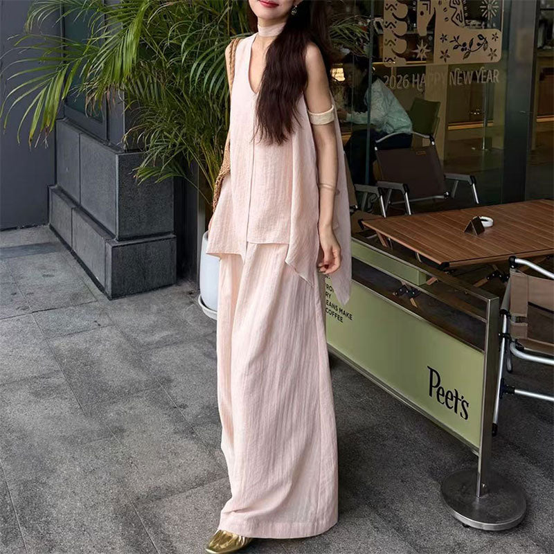 ネクタイノースリーブトップス × ワイドパンツ セットアップ韓国風 ゆったり 体型カバー