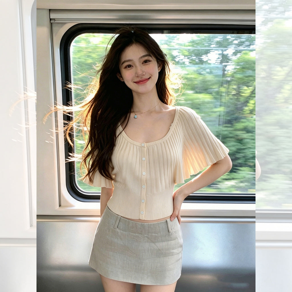 U ネック リブニット フレア裾 レディース 薄手 フィット ウエスト絞り 上品 オフィスコーデ 大人女子 トップス