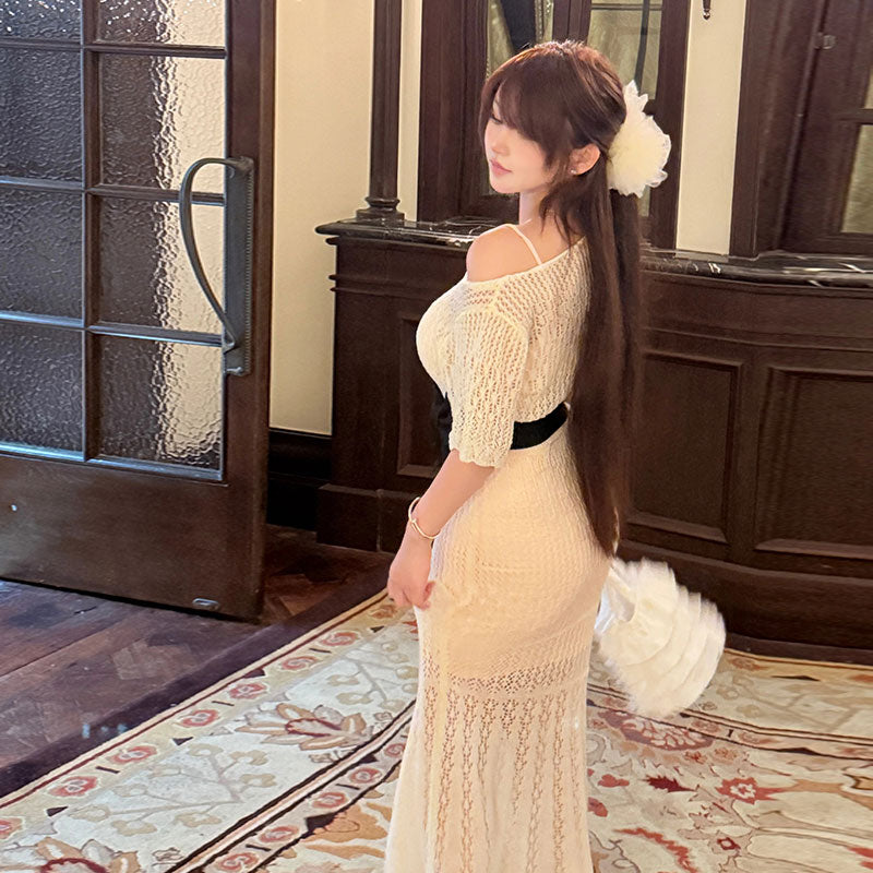 透かし編みニットマーメイドワンピース （リボンベルト）キャミワンピース付き パーティドレスデートワンピース