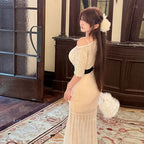 透かし編みニットマーメイドワンピース （リボンベルト）キャミワンピース付き パーティドレスデートワンピース