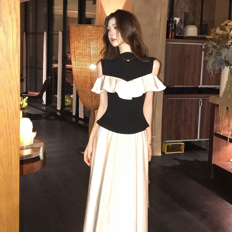 肩開きフリルトップス＋ロングスカート 2 点セットウエスト細見え上品デート・ディナー・お出かけコーデ