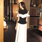 肩開きフリルトップス＋ロングスカート 2 点セットウエスト細見え上品デート・ディナー・お出かけコーデ