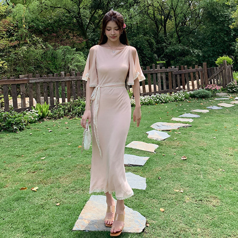 フレアスリーブ ロング丈 マーメイドライン ウエストマーク レース大人可愛い デートワンピース（ベルト付き） お呼ばれエレガント