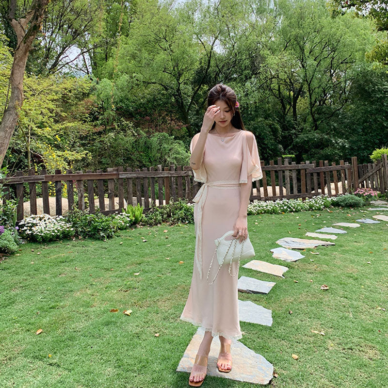 フレアスリーブ ロング丈 マーメイドライン ウエストマーク レース大人可愛い デートワンピース（ベルト付き） お呼ばれエレガント