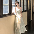 花柄総レースキャミソールロングワンピース ウエストシャーリング細見えマーメイドドレスワンピース