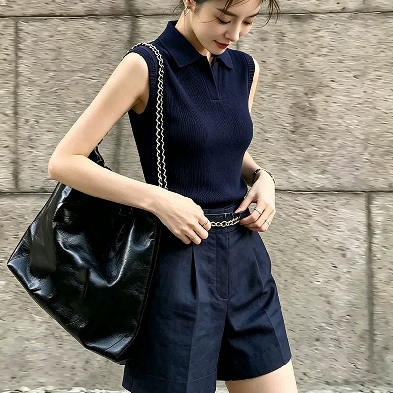 ノースリーブポロニットトップス+ハイウエストショートパンツ 2 点セットチェーンベルト付き 大人オフィスコーデセットアップ