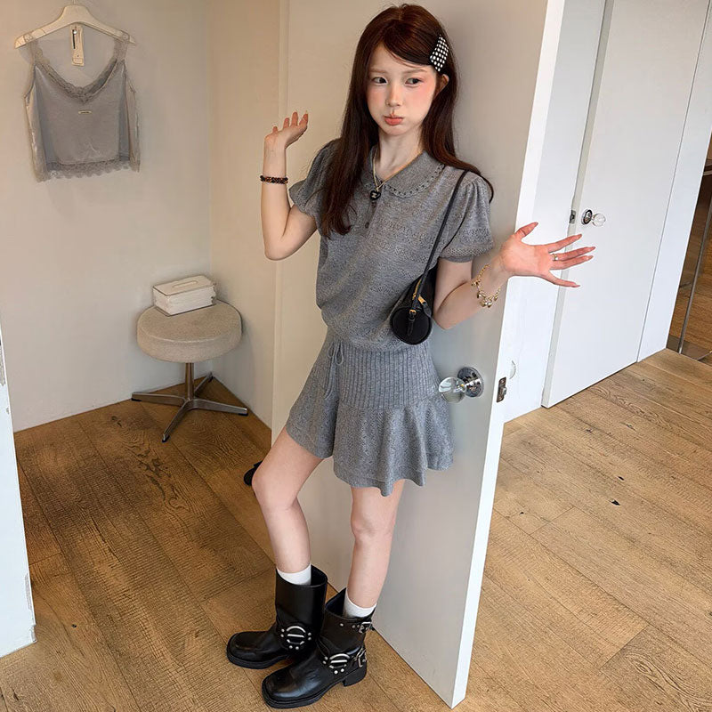 透かし編みポロ半袖ニットトップス+ウエストリブフリルスカート 2 点セットアップ ショート丈 デートお出かけコーデ
