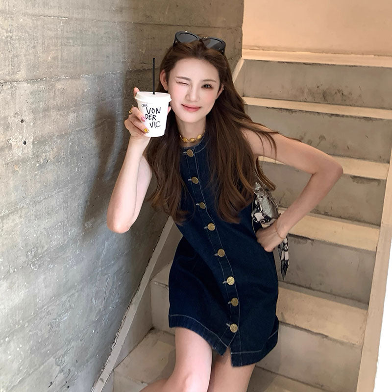 韓国風 ノースリーブデニムミニワンピース 前ボタン ポケット付き ジャンパースカート 夏カジュアル 大人可愛い