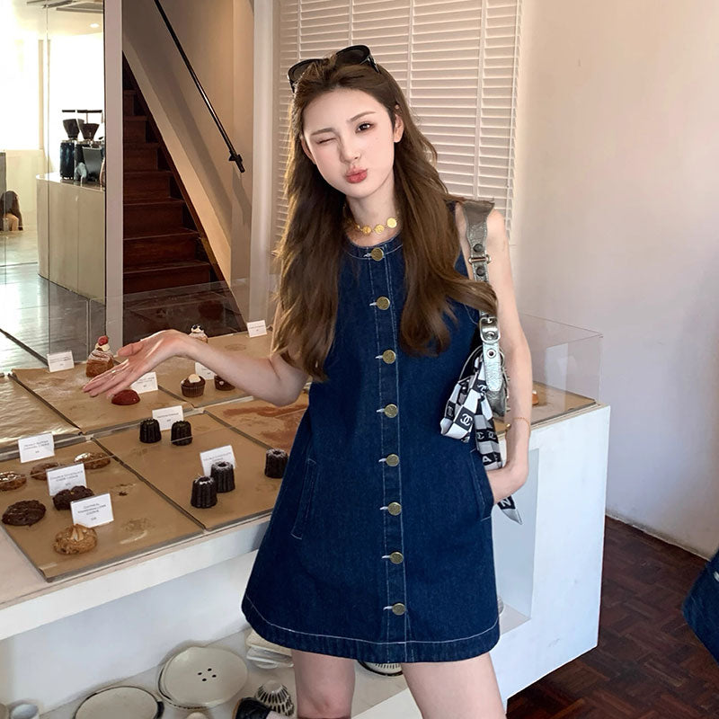 韓国風 ノースリーブデニムミニワンピース 前ボタン ポケット付き ジャンパースカート 夏カジュアル 大人可愛い