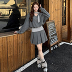 セットアップ ボーダーリボン付き V ネックトップス＋プリーツミニスカート 2 点セット 秋服 大人可愛い きれいめ カジュアル