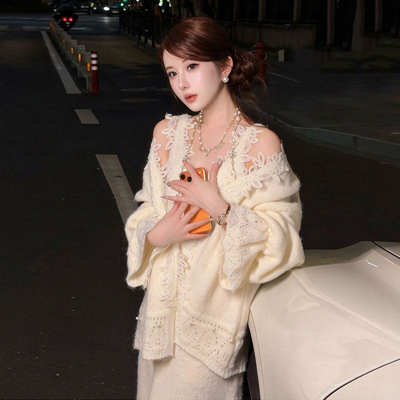 レース花柄切り替えニットカーディガン+キャミワンピース 2 点セット ふわもこデートコーデ