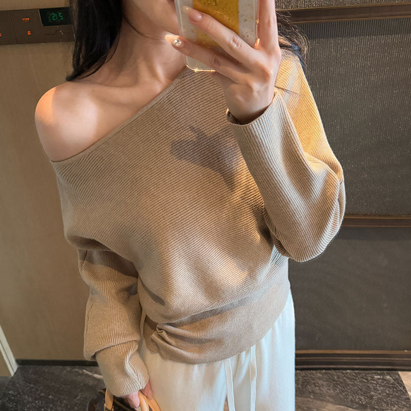ワンショルダー オフショルダーニットトップス長袖 デート服 大人女子