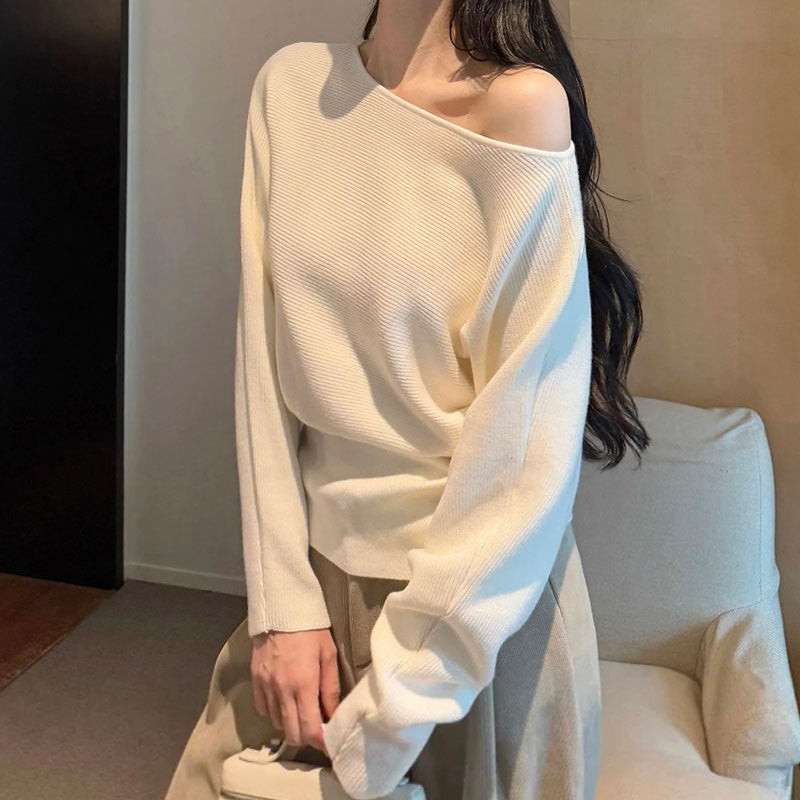 ワンショルダー オフショルダーニットトップス長袖 デート服 大人女子